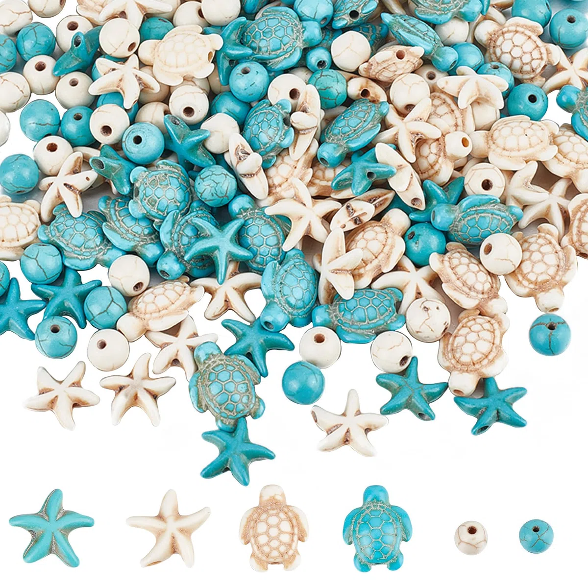 SUNNYCLUE 6 hebra 180~200 piezas Tortuga Cuenta Tortugas Encantos Estrella de Mar Blanco Azul Turquesa Sintética A Granel 8 mm Cuentas Redondas Verano Océano Mar Animal Cuentas para Bisutería