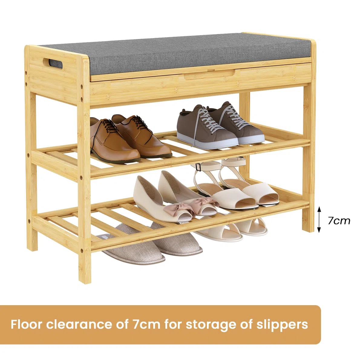 WOLTU Banco Zapatero de Bambú, Banco para Zapatos de 2 estantes, Zapatero con Caja Olculta y Asiento Acolchado, Organizador para Entrada, Baño, Dormitorio, Pasillo, 68x30x50cm
