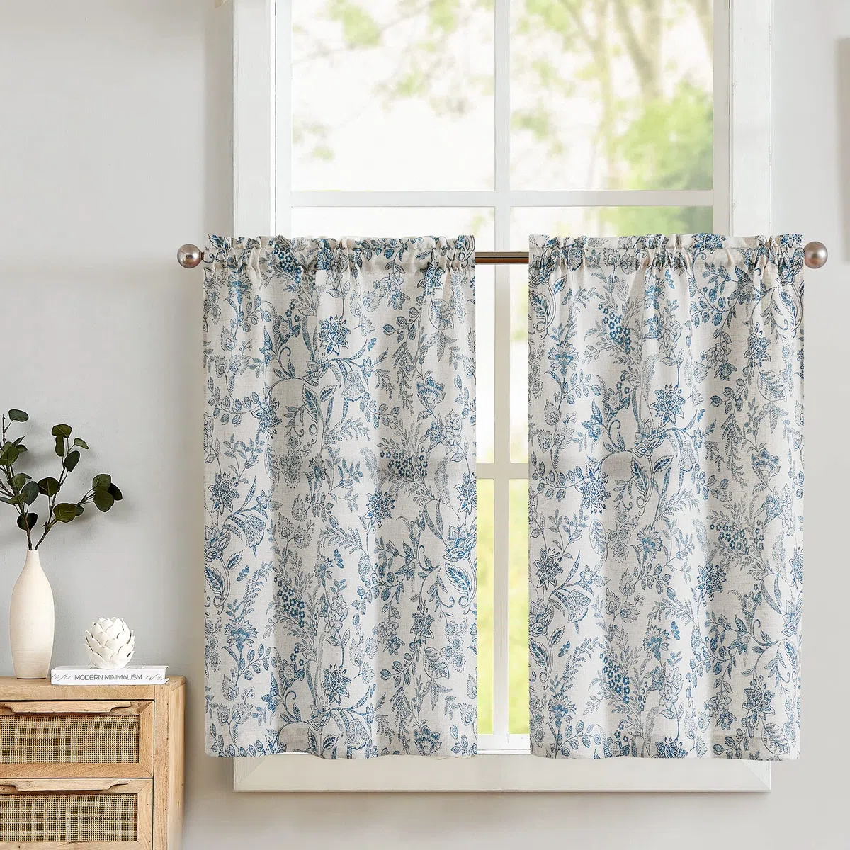 TOPICK Cortina de Cocina con Estampado de Flores Lino con Bolsillo para Varilla Translúcido Aptas para Salón Pequeñas Ventanas Azul Juego de 2 Unidades 65 x 90 cm