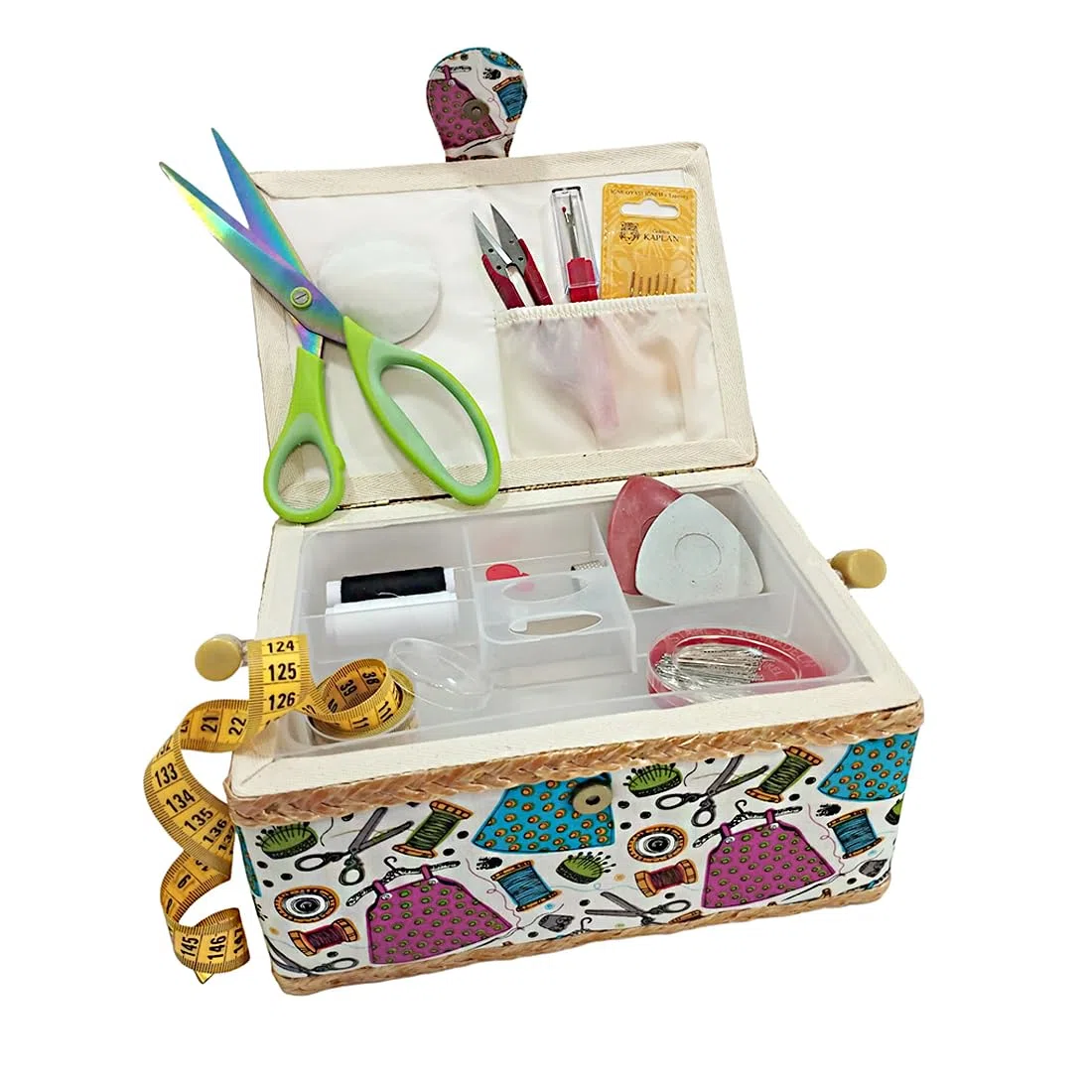 Costurero Mediano con Accesorios de Costura, Caja de Costura Forrada en Tela con Compartimentos, Caja de Costura Completa, Regalo para Madres, Amigas, Hermanas, (Vestido, Mediano)