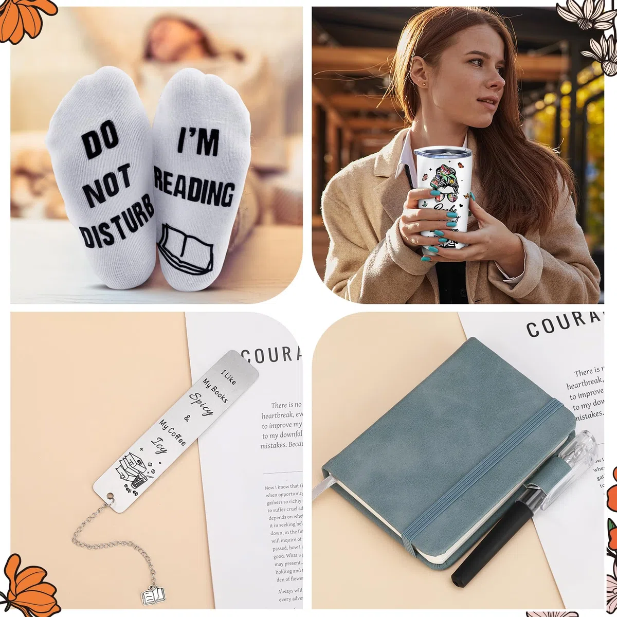 saerryor Set de Regalos para Amantes de los Libros para Mujeres, 6 PIEZAS Regalos para Amantes de los Libros Incluyen Vaso, Bolso de Lienzo, Calcetines, Bolígrafo, Cuaderno, Marcadores para Lectores