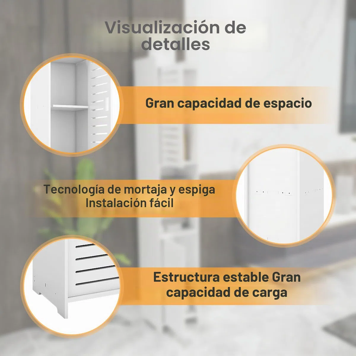 HUOLE Mueble de baño, pequeño mueble de almacenamiento para inodoro, escobillero de baño, con soporte de madera, 26 x 22 x 118 cm, color blanco