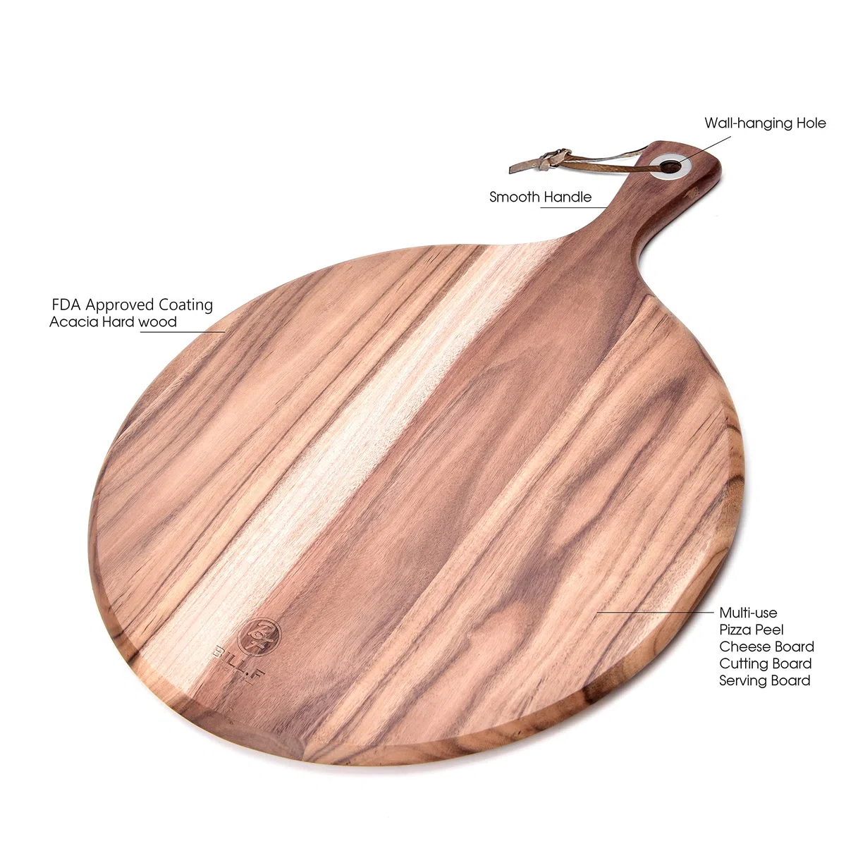 BILL.F pelador de pizza de madera de acacia, 25,4 cm, plato de pizza, tabla de pizza, plato de pizza de madera y tabla de pizza de madera, con mango, 35 x 25 x 1,2 cm