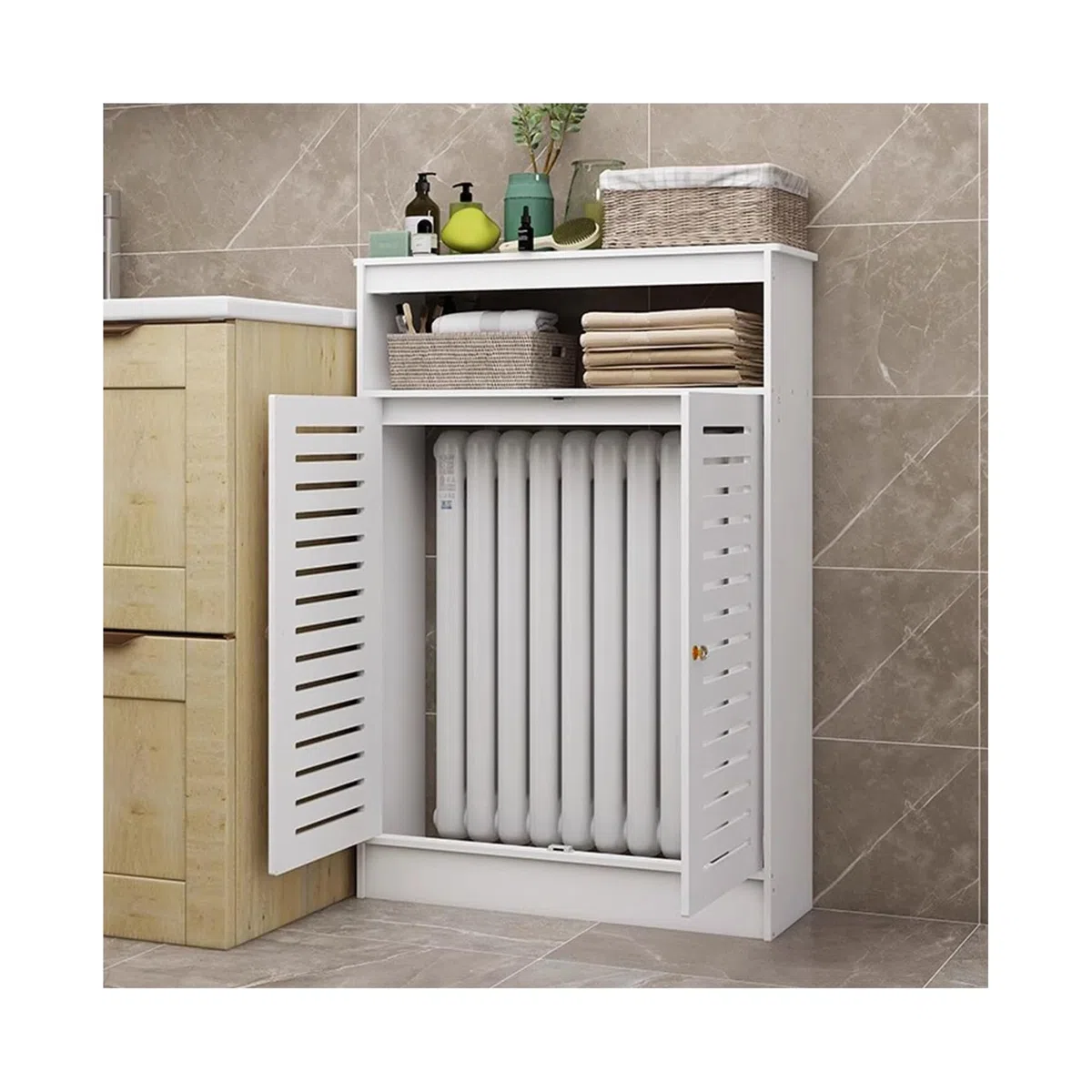 Cubre radiadores Estante para gabinete con cubierta para radiador, gabinete de almacenamiento con cubierta para calefacción con rejilla con rejilla y 2 puertas para el hogar, sala de estar,pasillo(50*