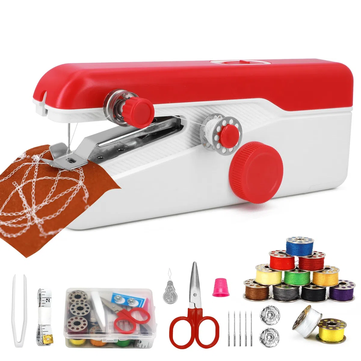 Máquina de Coser Portátil de Mano, Mini para Principiantes, Eléctrica con Puntada Rápida y Velocidad Ajustable, Kit de Reparación de Ropa DIY para Hogar y Viaje con Accesorios (Rojo)