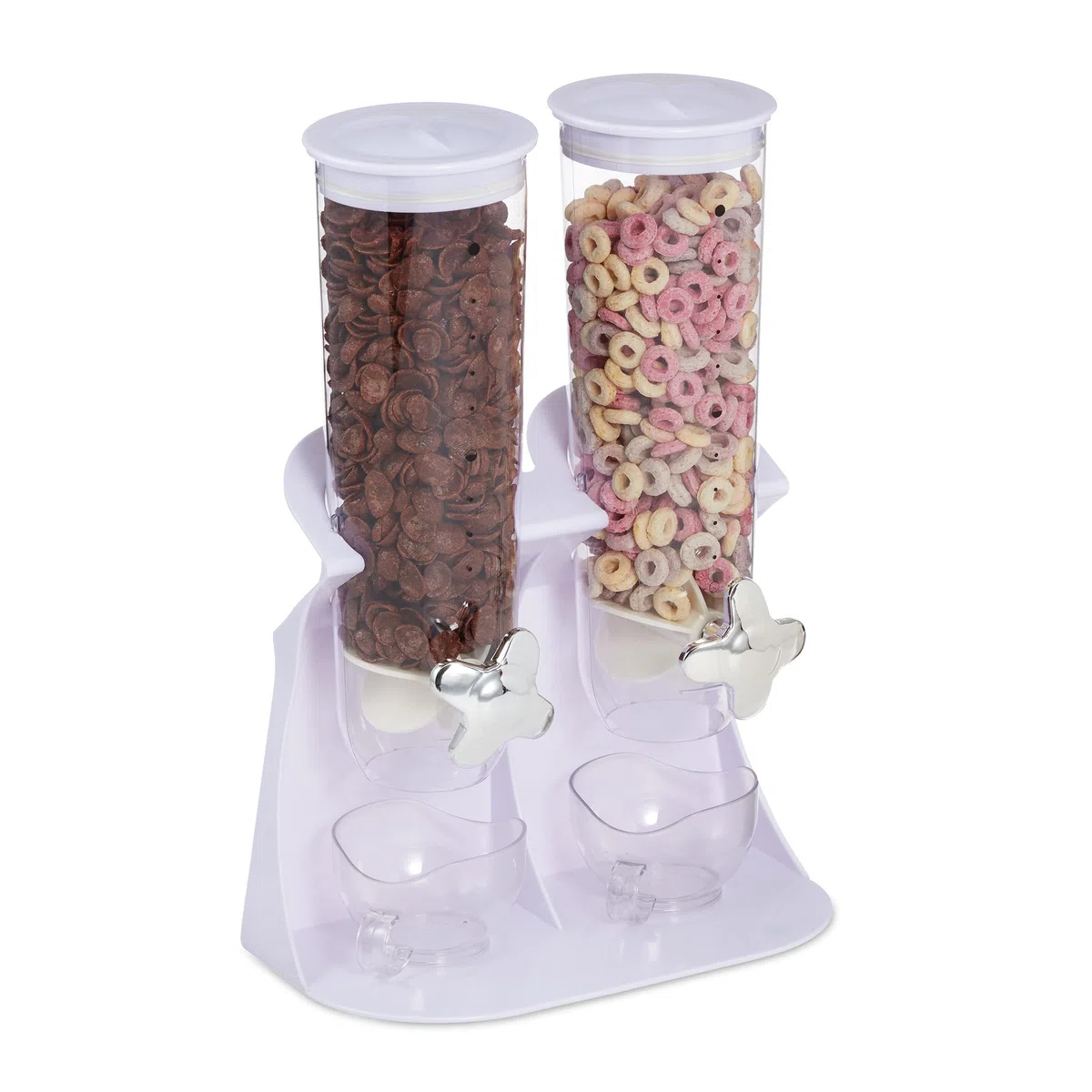 Relaxdays Dispensador Cereales Doble, Dosificador Frutos Secos, Desayuno, Botes Golosinas, Recipientes Plástico, Blanco