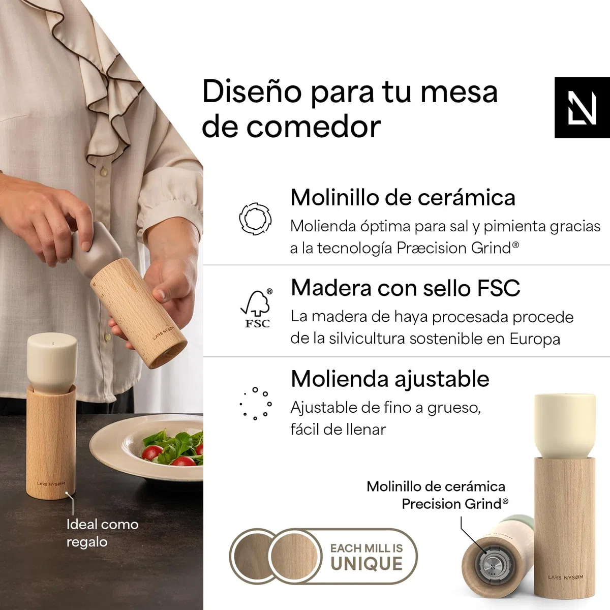 LARS NYSØM Set de molinillos manuales y bandeja en madera – Molino sal/pimienta con muelas cerámicas ajustables – Elegante diseño de haya para cocina o mesa (Green/Beige)