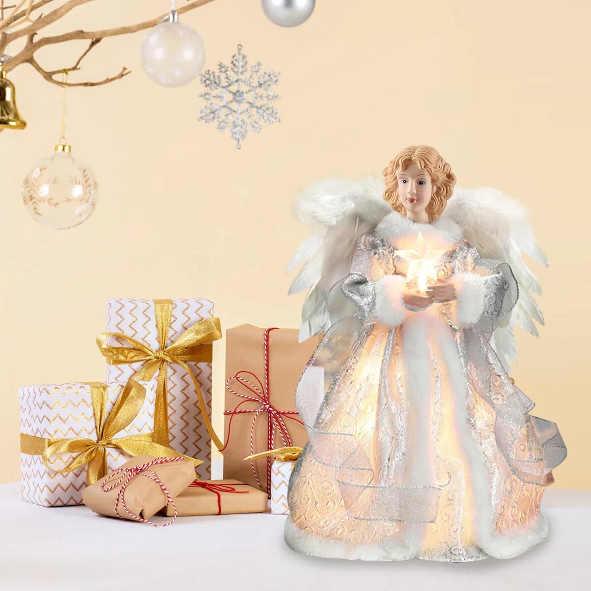 Punta para árbol de Navidad con ángel, figura con ángel de Navidad, decoración navideña para interiores con alas de plumas, 12,6 pulgadas (plateada)