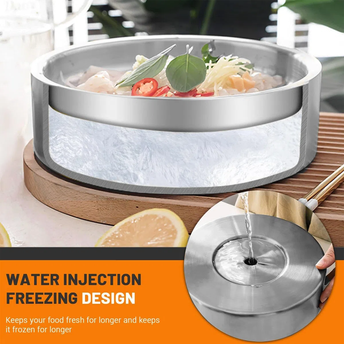Cuenco enfriador de inmersión – Platos para servir fríos, cuenco de ensalada de acero inoxidable | Portátil y duradero para fiestas, al aire libre para servir bebidas con bar, salsa, entretenimiento
