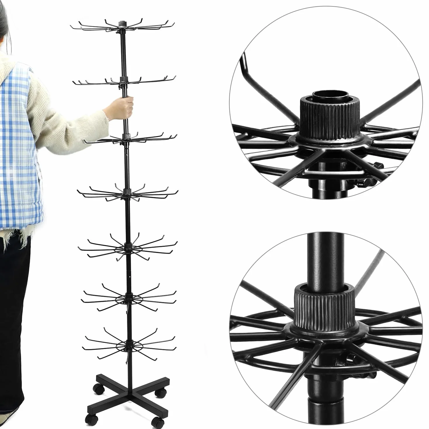 QWORK® Soporte de exhibición giratorio de metal de 7 niveles para sombreros, joyas, calcetines y bufandas de seda, con ruedas