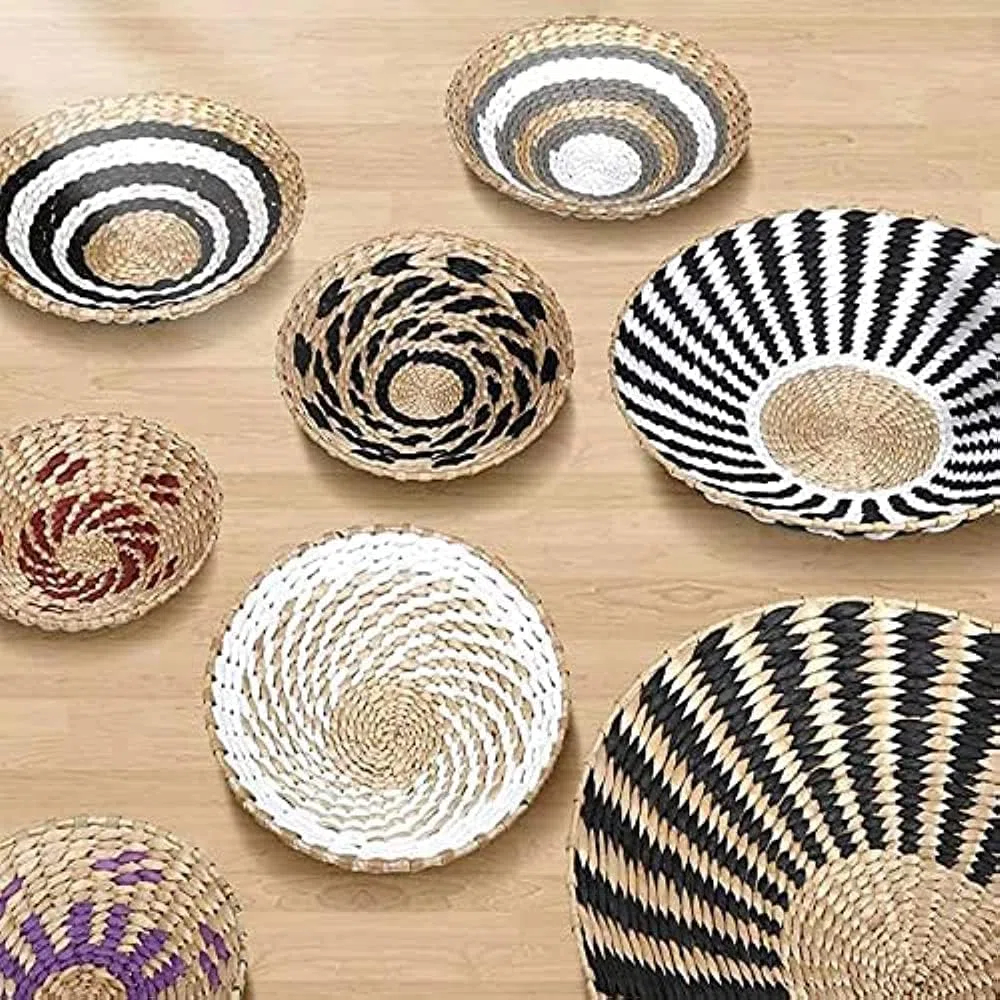 GFYWZ Juego de 3 cestas de pared decorativas bohemias para colgar en la pared, decoración para colgar, cestas redondas de mimbre planas para sala de estar, dormitorio, cocina, decoración de cesta de
