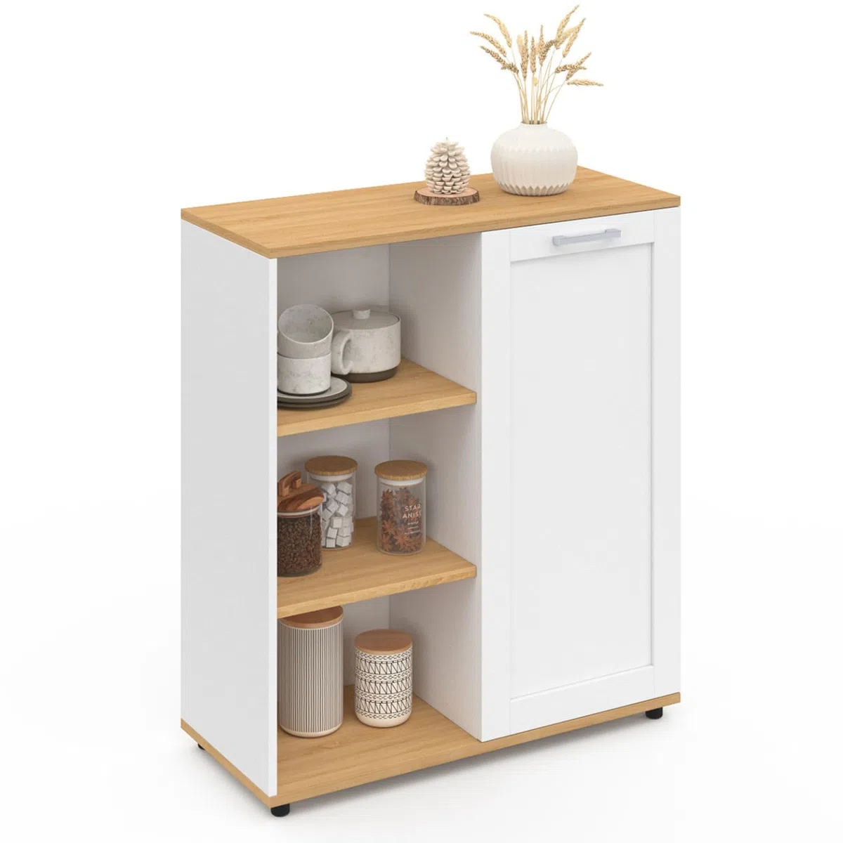 IDMarket - Aparador auxiliar VITO de 70 cm con 3 estantes y armario blanco y tablero de madera