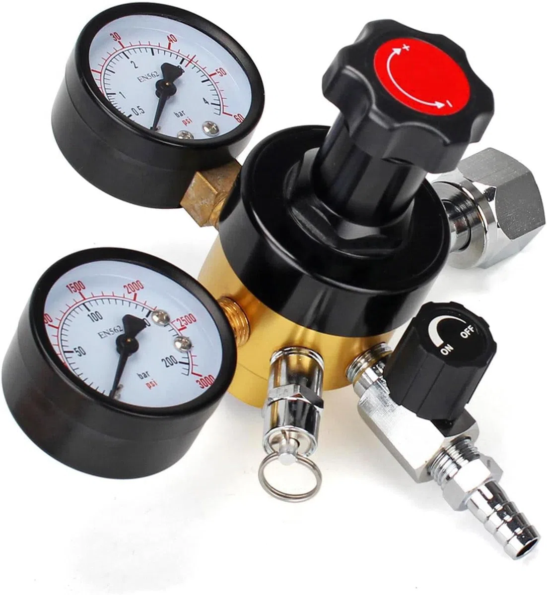 Eastpole Regulador de CO2 de doble calibre, presión de barril de cerveza, regulador de cerveza de desconexión rápida con válvula de alivio de presión de seguridad 0-60 PSI 0-3000 presión del tanque