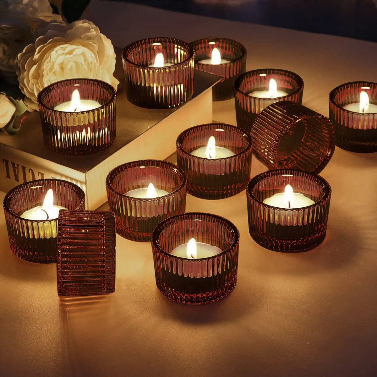 Juego de 12 portavelas redondos, ideal para velas de té, velas y como contenedores, portavelas para regalo, aromaterapia, boda, fiesta, decoración, accesorios para el hogar (marrón latte)