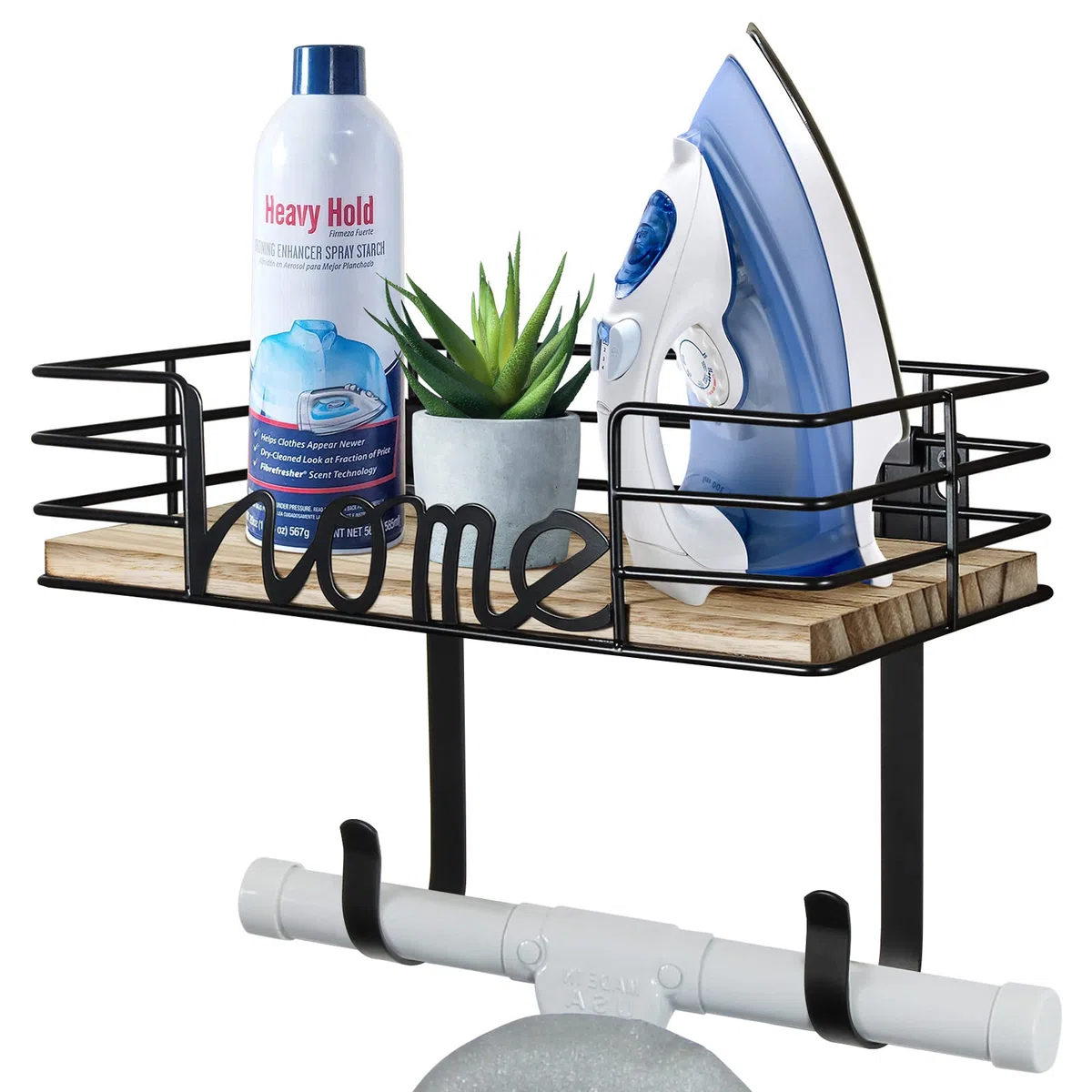 TJ.MOREE Soporte de pared para tabla de planchar, soporte para plancha y tabla de planchar con gran cesta de almacenamiento de madera y ganchos extraíbles (negro)