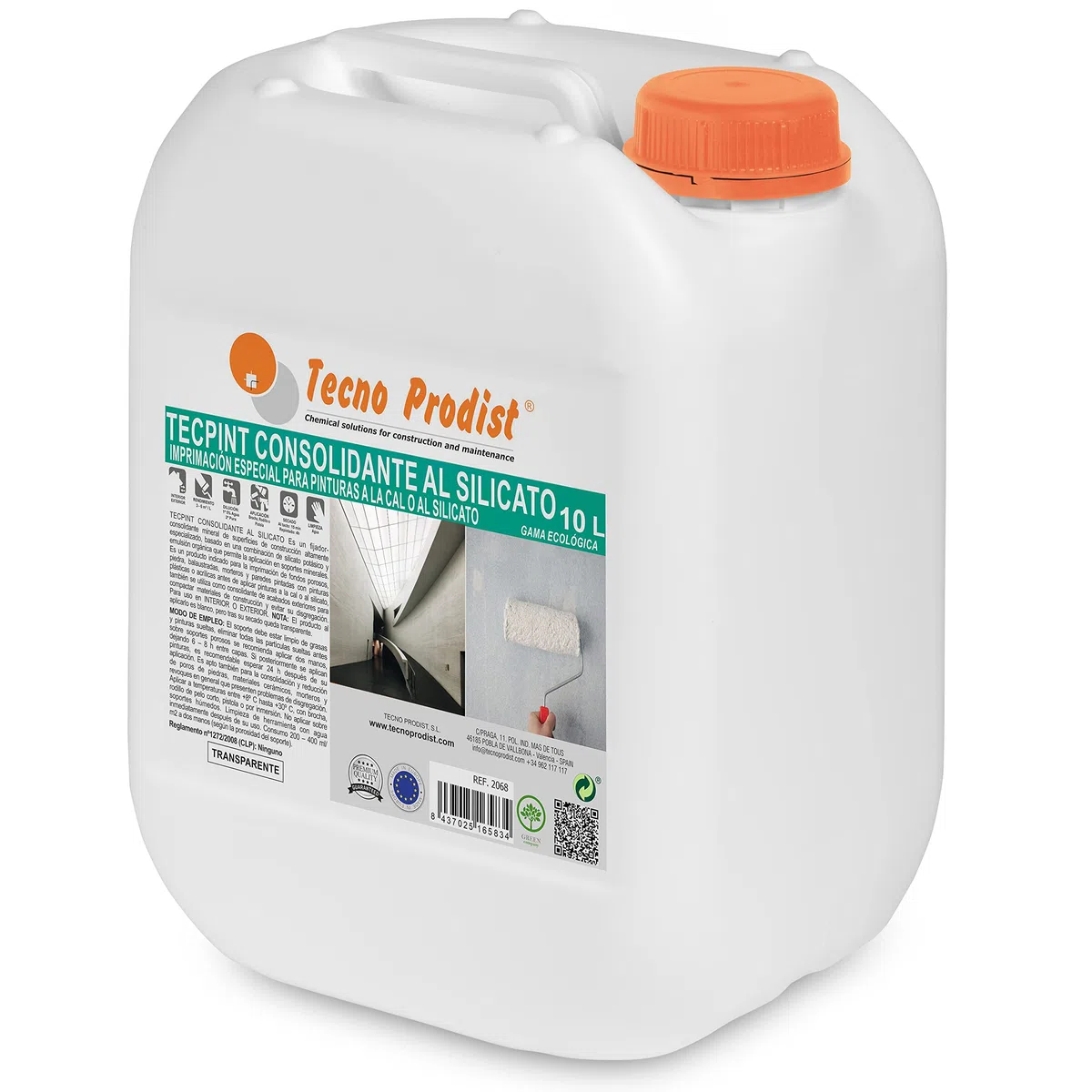 Tecno Prodist TECPINT CONSOLIDANTE AL SILICATO (10 L) Fijador de superficies construcción, imprimación especial pinturas a la cal o al silicato, compacta piedra, hormigón evitando su disgregación
