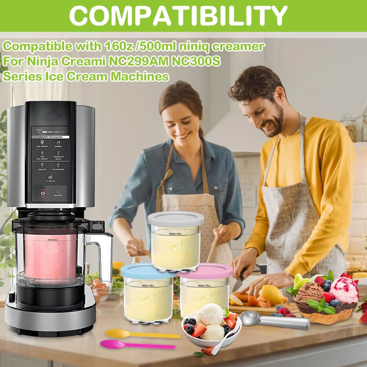 4 Piezas Recipiente Creami para Ninja Maquina Helados, 500ml Recipiente para Ninja Creami, para Ninja Maquina Hacer Helados C300s/NC299AM, Accesorios para Ninja Ice Creami Maker