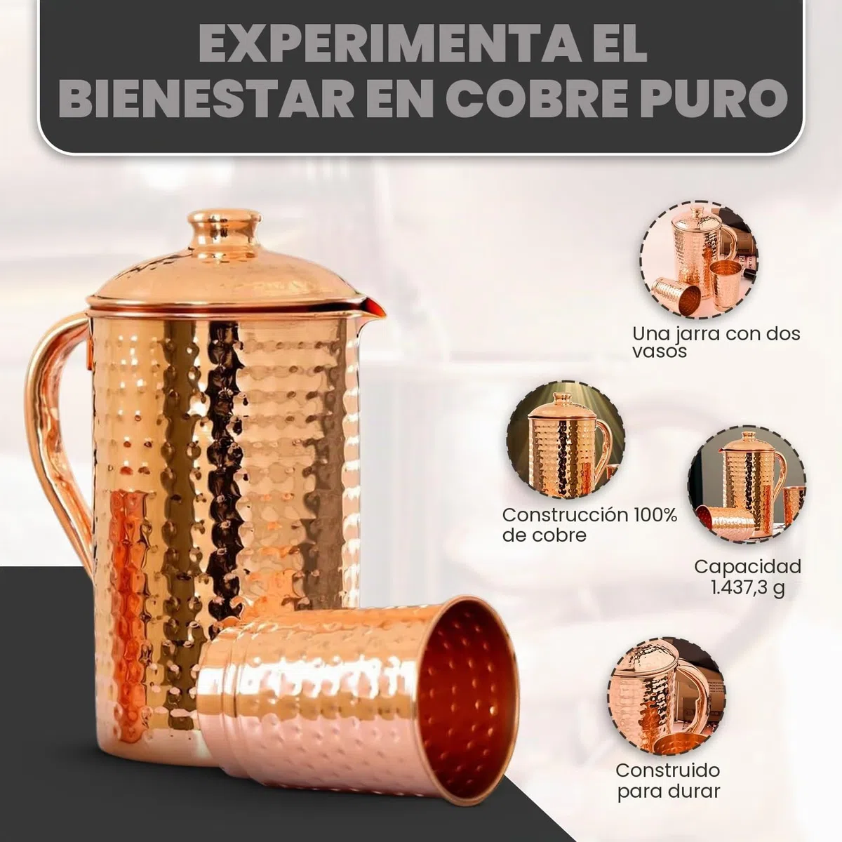 Jarra de cobre 100% puro de 1500 ml con 2 vasos, martillada de agua potable con vasos, juego de tapa y tazas, botella de agua con mango, beneficios para la salud