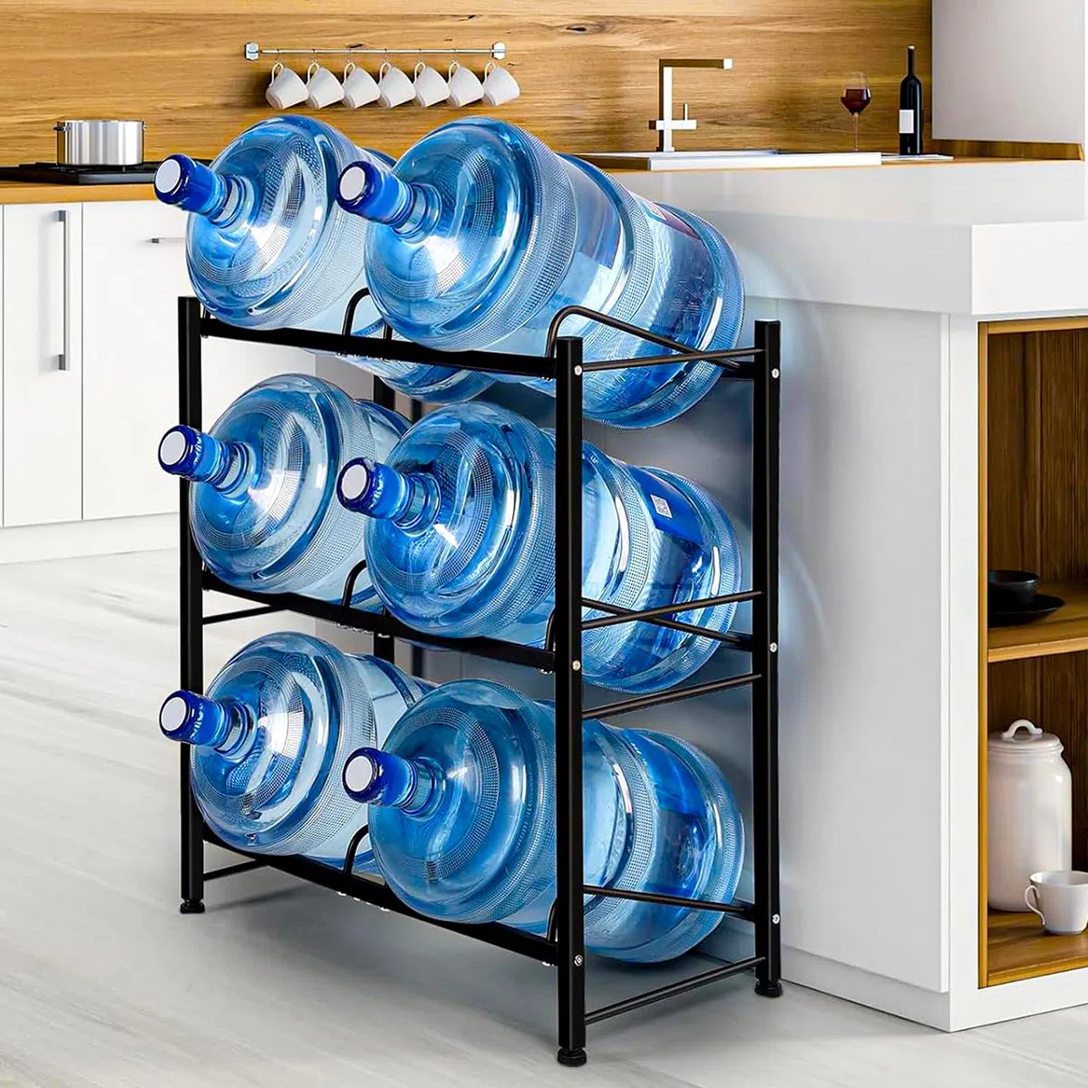 Soporte de almacenamiento resistente de 6 bandejas para botellas enfriadoras de 5 galones, 3 niveles, 2 filas, acero al carbono, para hogar, oficina, cocina, almacén, color negro