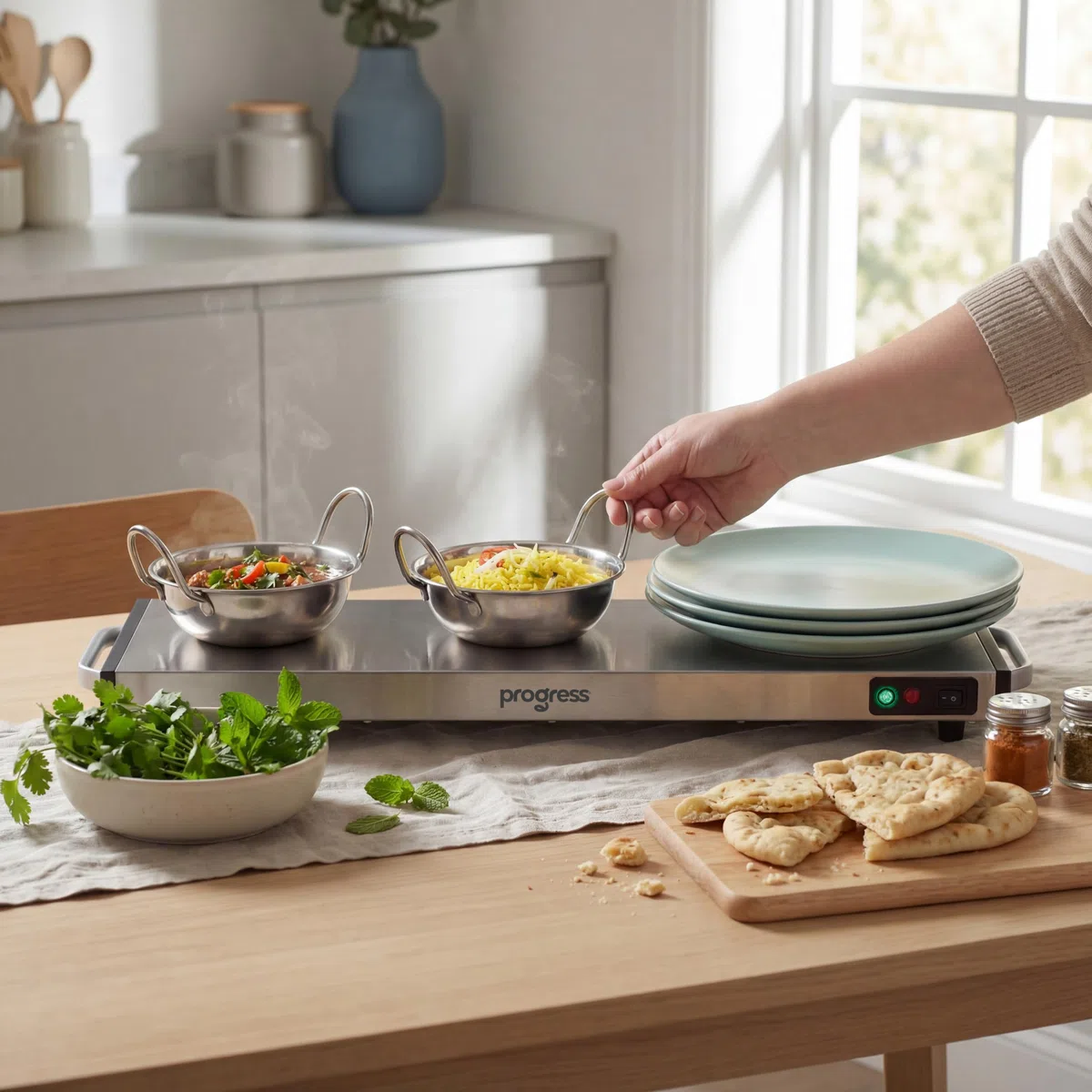 Progress Placa Calefactora Inalámbrica - Gran Bandeja Caliente para Alimentos, Calienta Platos, Servidor de Buffet Portátil, 1200W, Carga en 15 Minutos, Mantiene el Calor durante 60 Minutos