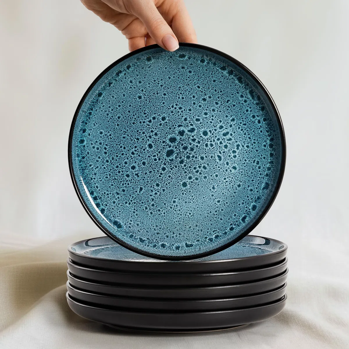 Twinzee Vajillas Completas 6 Personas de Gres Azur Resistente - 6 Platos Grandes estilo Riviera - Apta microondas