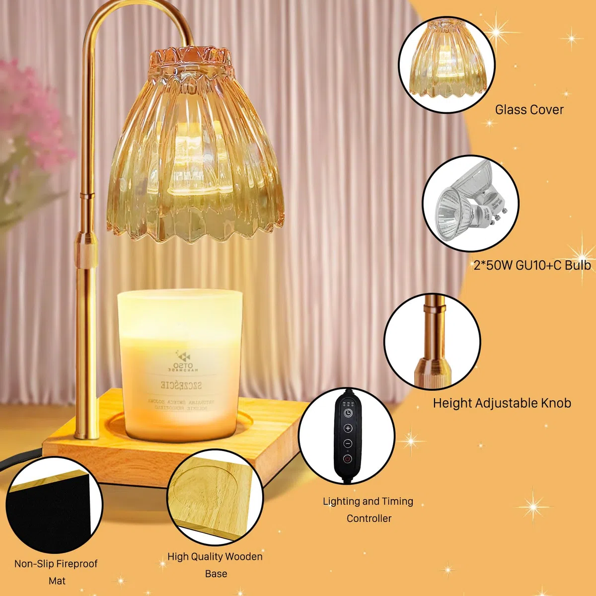 Lámpara calentadora de velas con temporizador de atenuación, altura ajustable, lámpara de calentador para vela perfumada con 2 bombillas de 35 W, regalos del día de San Valentín, regalo de