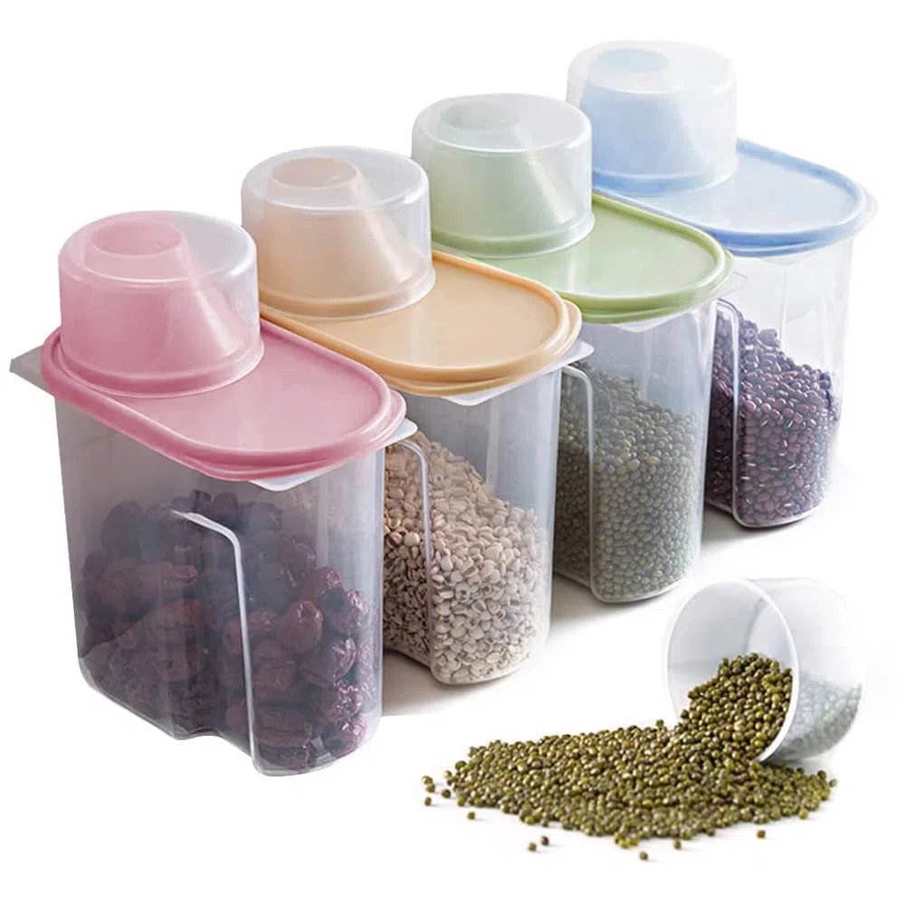 4 Piezas Tanque Almacenamiento Alimentos Secos,Envases Plástico,Recipiente Para Cereales,Medidora Caja,Se Utiliza Para Harina,Café,1,9 L