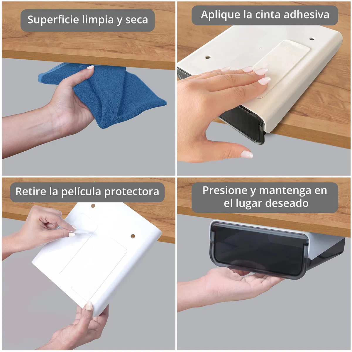 Cajones Extraíbles Adhesivos [Pack de 2] - Cajas Organizadoras de Plástico Multiusos para Debajo de la Mesa con Respaldo Autoadhesivo para Accesorios, Bandeja de Almacenamiento para Artesanías