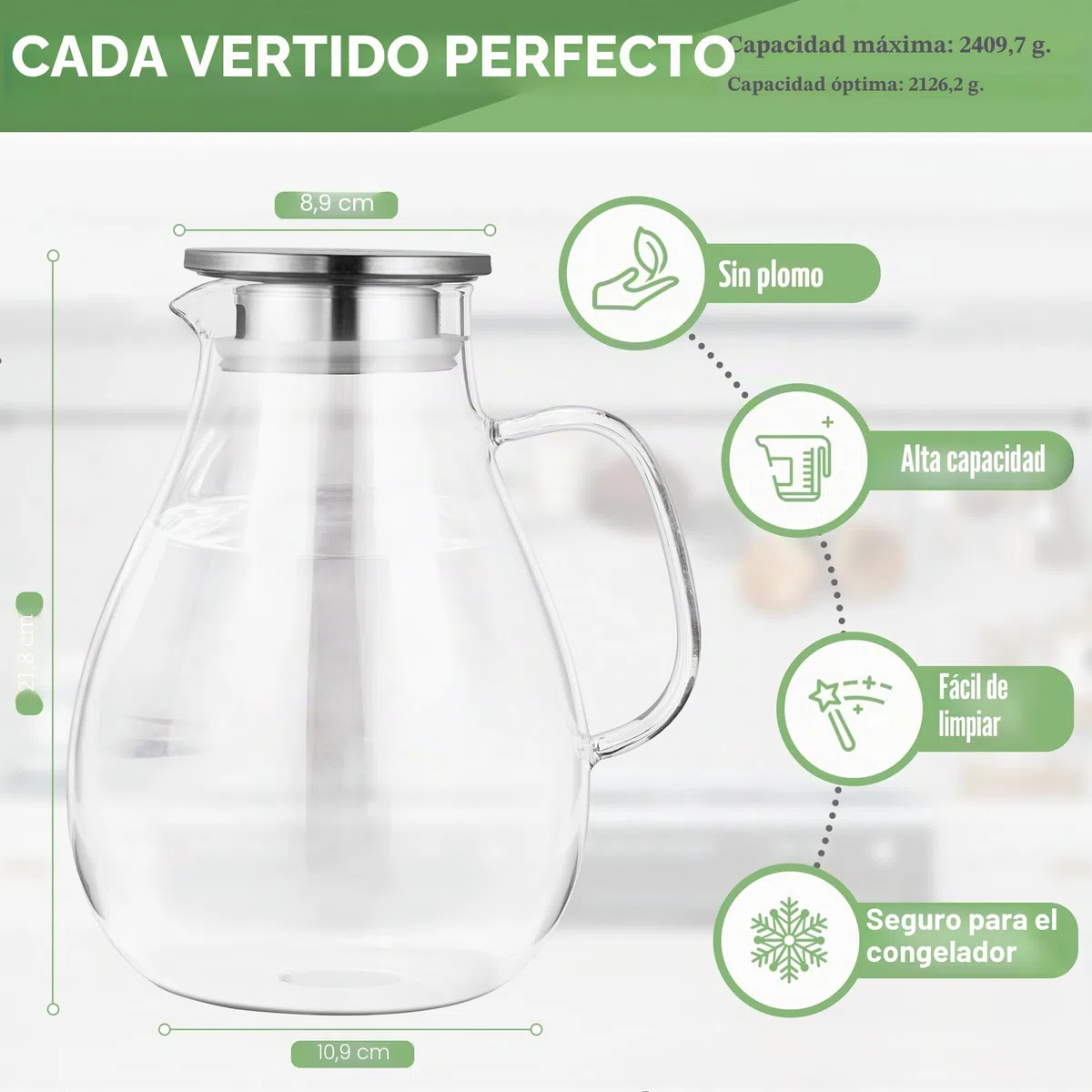 SUSTEAS Jarra de Cristal de 2,5 Litros con Tapa y Asa Ancha, Fácil de Limpiar para Frigorífico, para Agua Fría/Caliente, Té Helado, con Cepillo