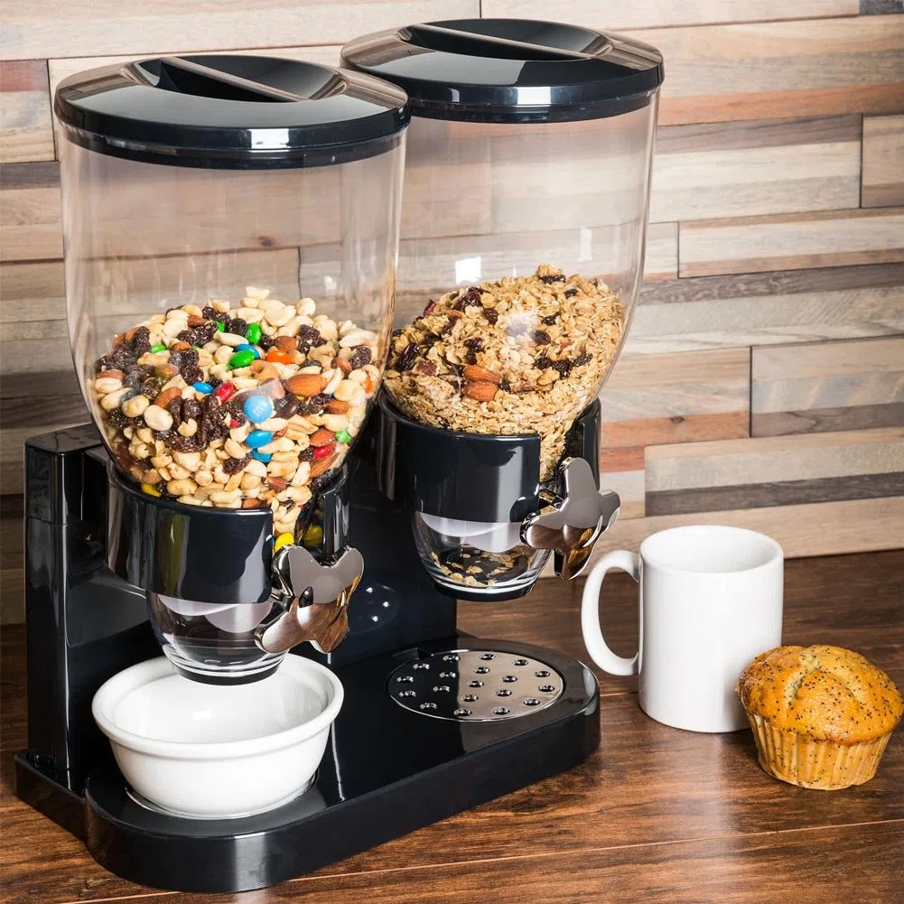 BAKAJI Dispensador de Almacenamiento dosificador dispensador de Cereales Pasta Dulces Frutas secas con Rueda Doble contenedor de 8 litros y dosificador Interno (Negro)