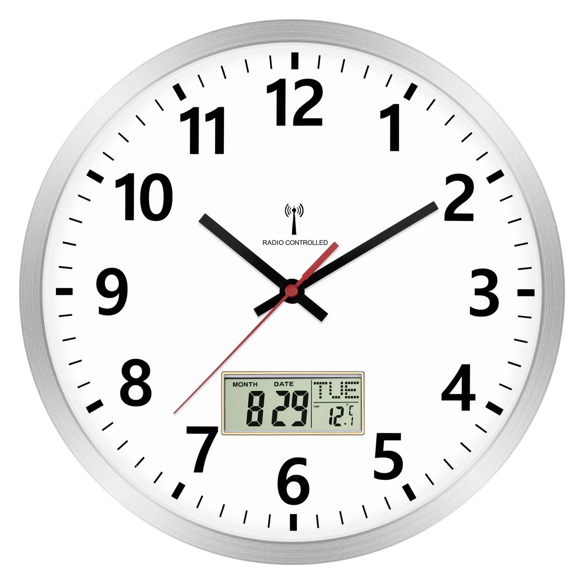 Foxtop Reloj de Pared Digital Radiocontrolado 30 cm Reloj de Cocina con Termómetro y Calendario Segundero Rojo de Fácil Lectura para Cocina, Salón u Oficina