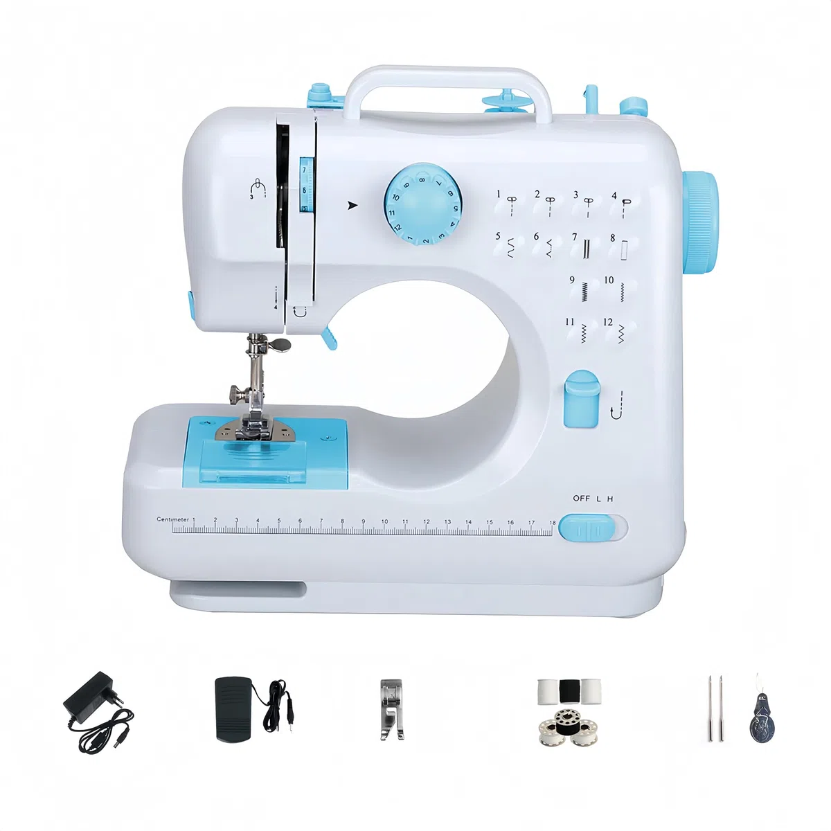 Máquina de Coser Eléctrica Doméstica Con 12 Puntadas, Doble Hilo Para Niños y Principiantes (Azul)