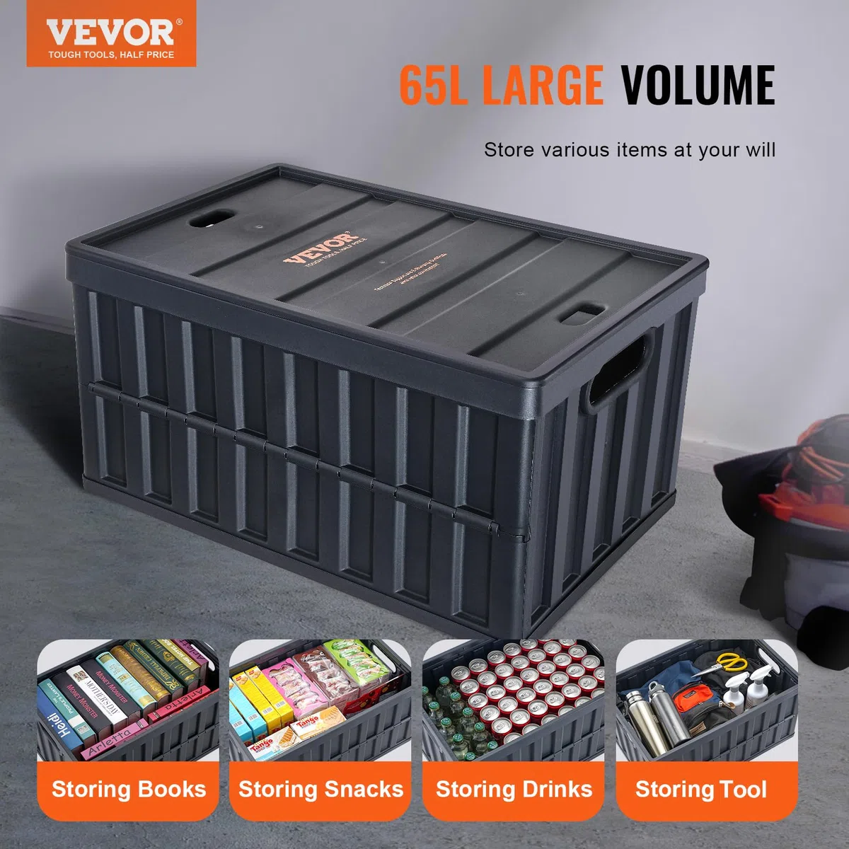 VEVOR Caja de Almacenamiento de Plástico Plegable con Tapas 3 Piezas, Cajas de Transporte Apilable 65 L con Asas, Contenedores Grandes y Resistentes para Ropa, Juguetes, Libros, Accesorios, Negro