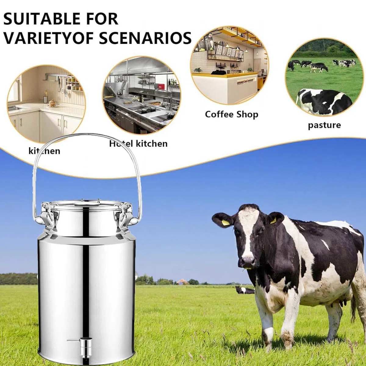 lechera acero inoxidable con tapa Bidón De Acero Inoxidable para Transporte De Leche con Grifo con Tapa/Grifo/asa, para Transportar o Almacenar Leche,3Liters