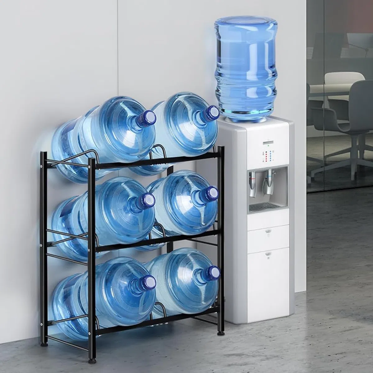 Soporte de almacenamiento resistente de 6 bandejas para botellas enfriadoras de 5 galones, 3 niveles, 2 filas, acero al carbono, para hogar, oficina, cocina, almacén, color negro