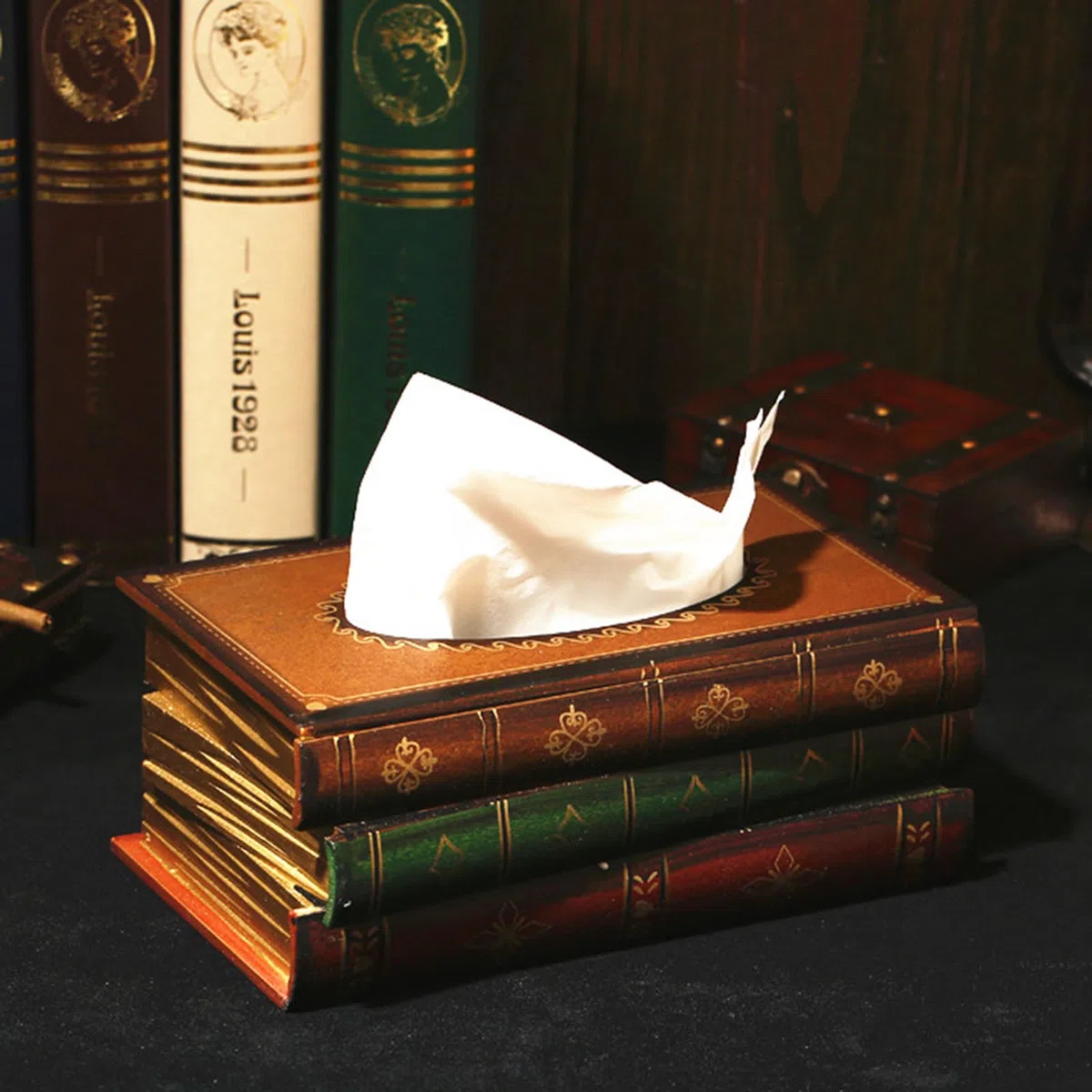 Tebery - Elegante dispensador de pañuelos de Madera Antigua para Libros, servilletero, Caja de pañuelos para casa, Oficina, Coche, 27 x 16,5 x 10 cm