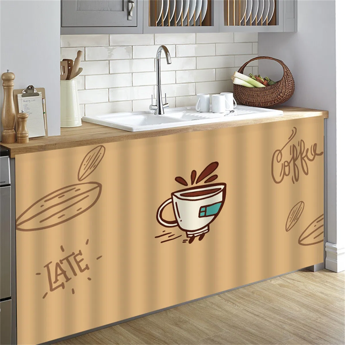 Highdi Cortinas para Armarios de Cocina Sin Puertas, Cortinas de Gabinete con Cinta de Velcro Sin Taladrar para Debajo del Fregadero, Cocina Ventana y Puerta (Tazas de café,140 * 100cm)