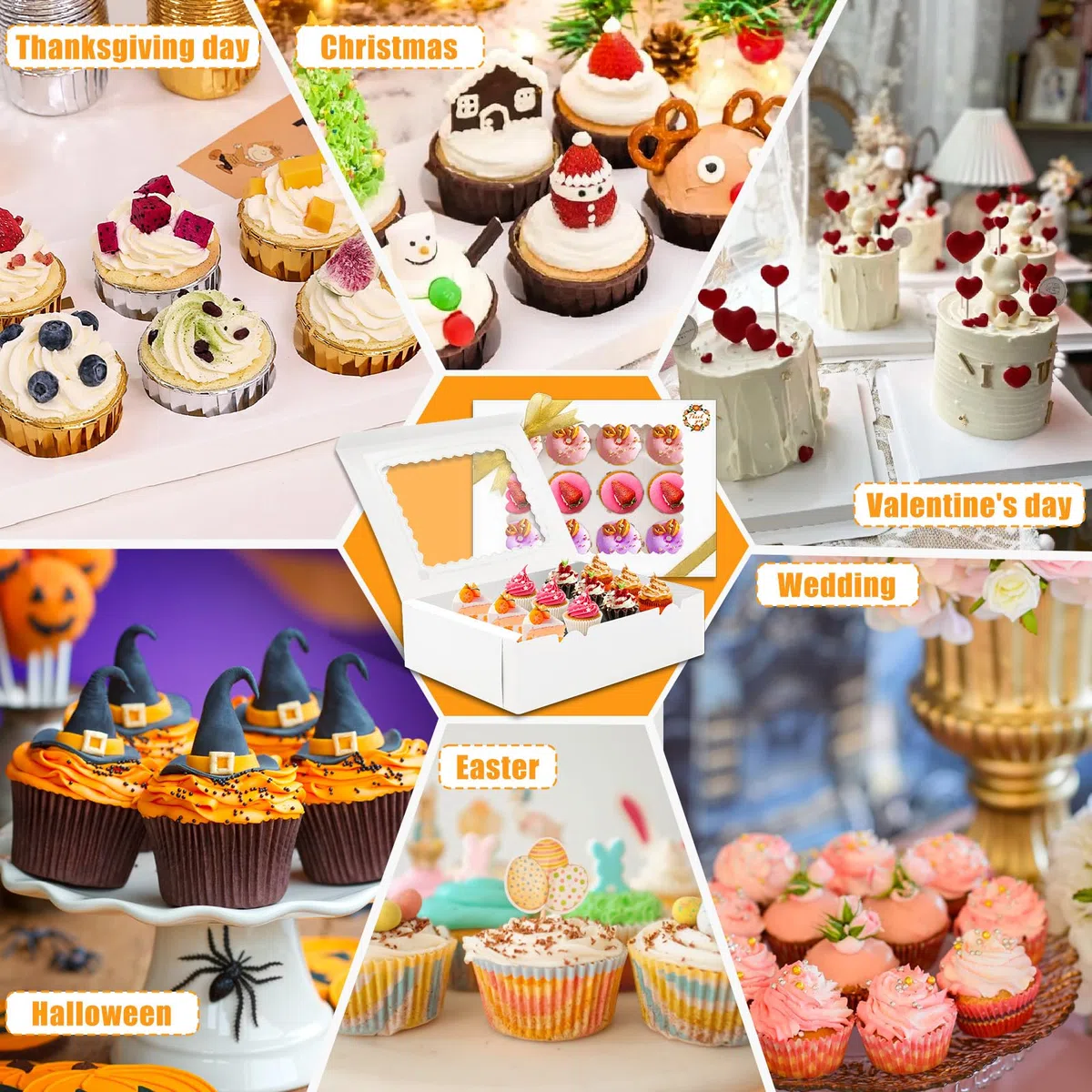 UCAMP Paquete de 16 Cajas Para Cupcakes,Cajas para Tartas con Ventana,Cupcakes con Cinta,Pegatinas y Tarjetas de Felicitación,Adecuado para Navidad,Cumpleaños,Bodas,12 Hoyos