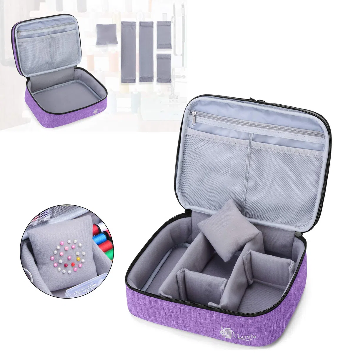 Luxja Bolsa para Kit de Costura, Doble Capa Organizador de Accesorios de Costura, Bolsa para Agujas, Hilo, Tijeras y Otras Materiales de Costura, Púrpura