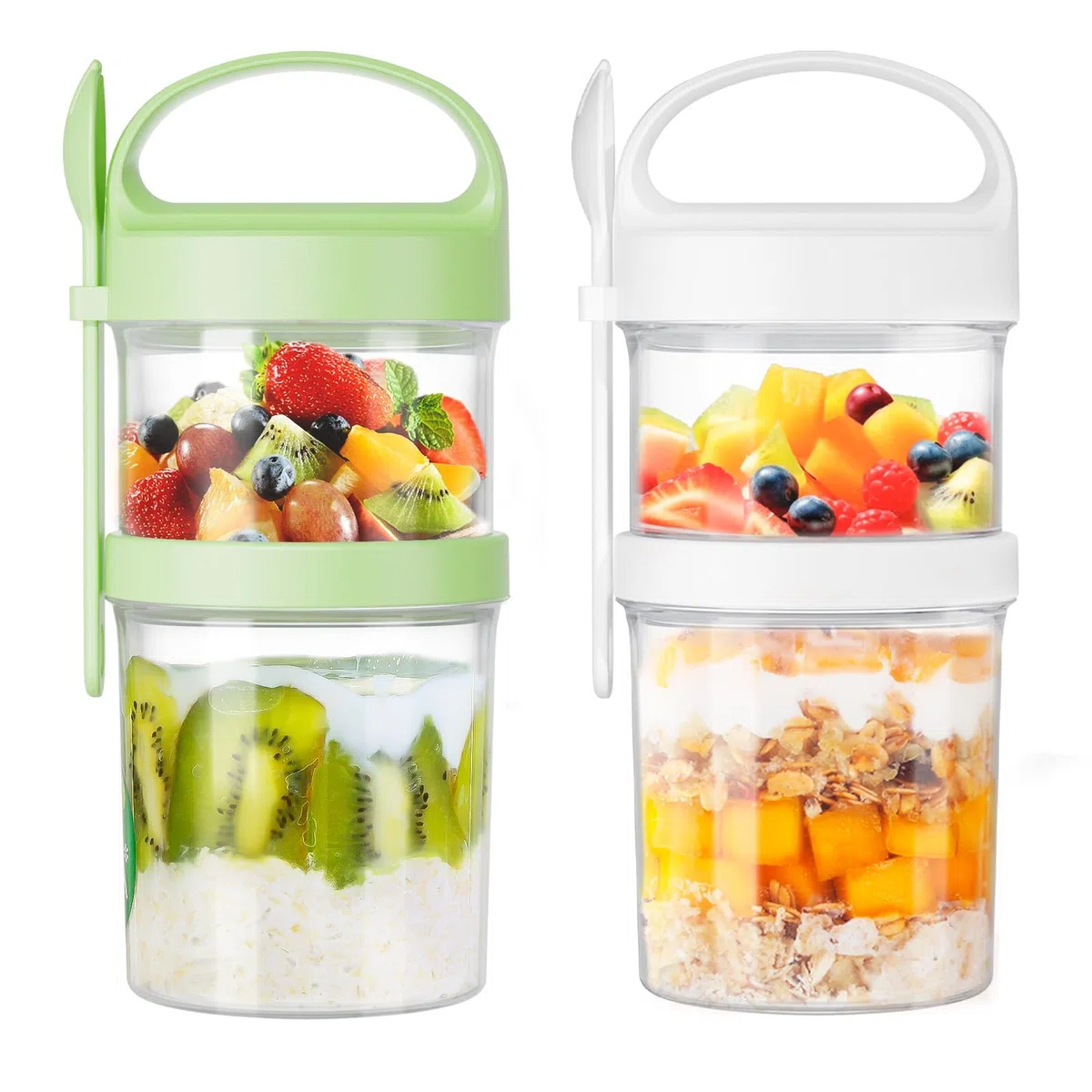 Luxear Juego de 2 Portátil Taza de Cereales y Yogur 560ml+360ml, Reutilizable Taza para Cereales para Llevar con Tapa y Cuchara, Libre de BPA, Ideal para Yogur, Frutos Secos y Avena, Blanco y Verde
