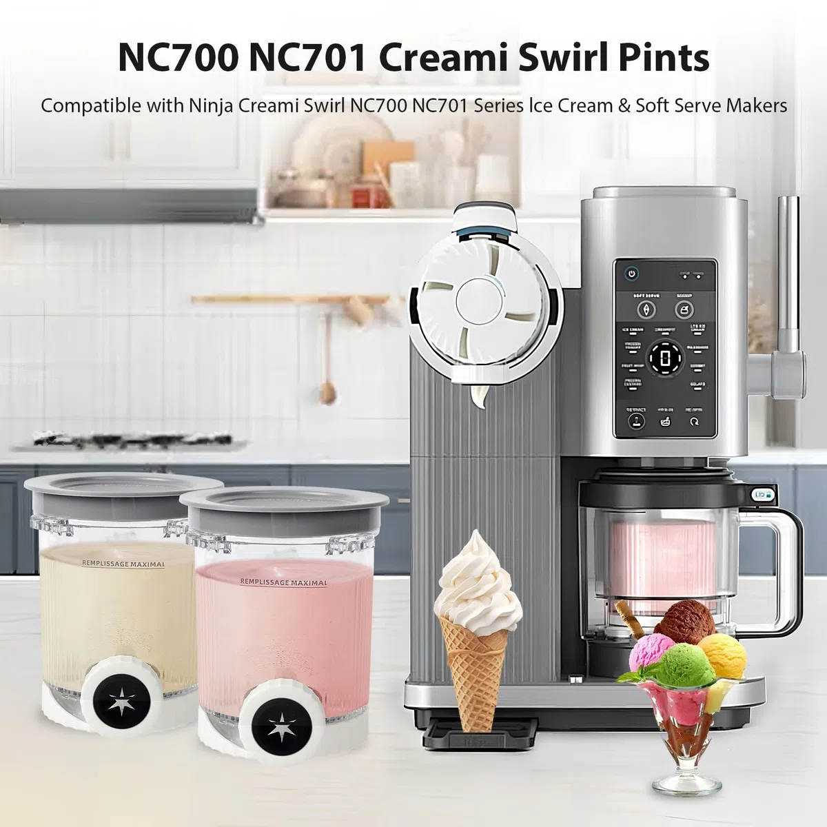 Recipientes para pintas y tapa Ninja Creami Swirl compatibles con NC700 701 NC701Q CN701CO Ninja Creami Swirl Pints, sin BPA y apto para lavavajillas (4 unidades con cuchara)