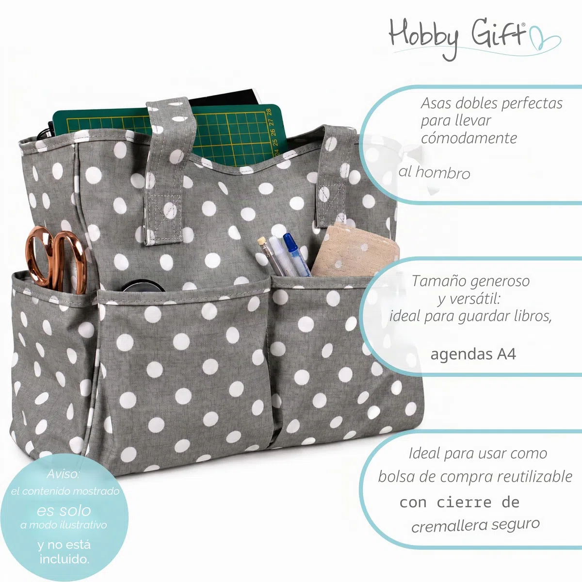 Hobby Gift MRB 8 Artesanal Exclusiva, Bandolera, Bolsa de Tejer, Almacenamiento de Hilo, Mochila Escolar, 13 x 36 x 31cm, Algodón de PVC, Lunares Gris