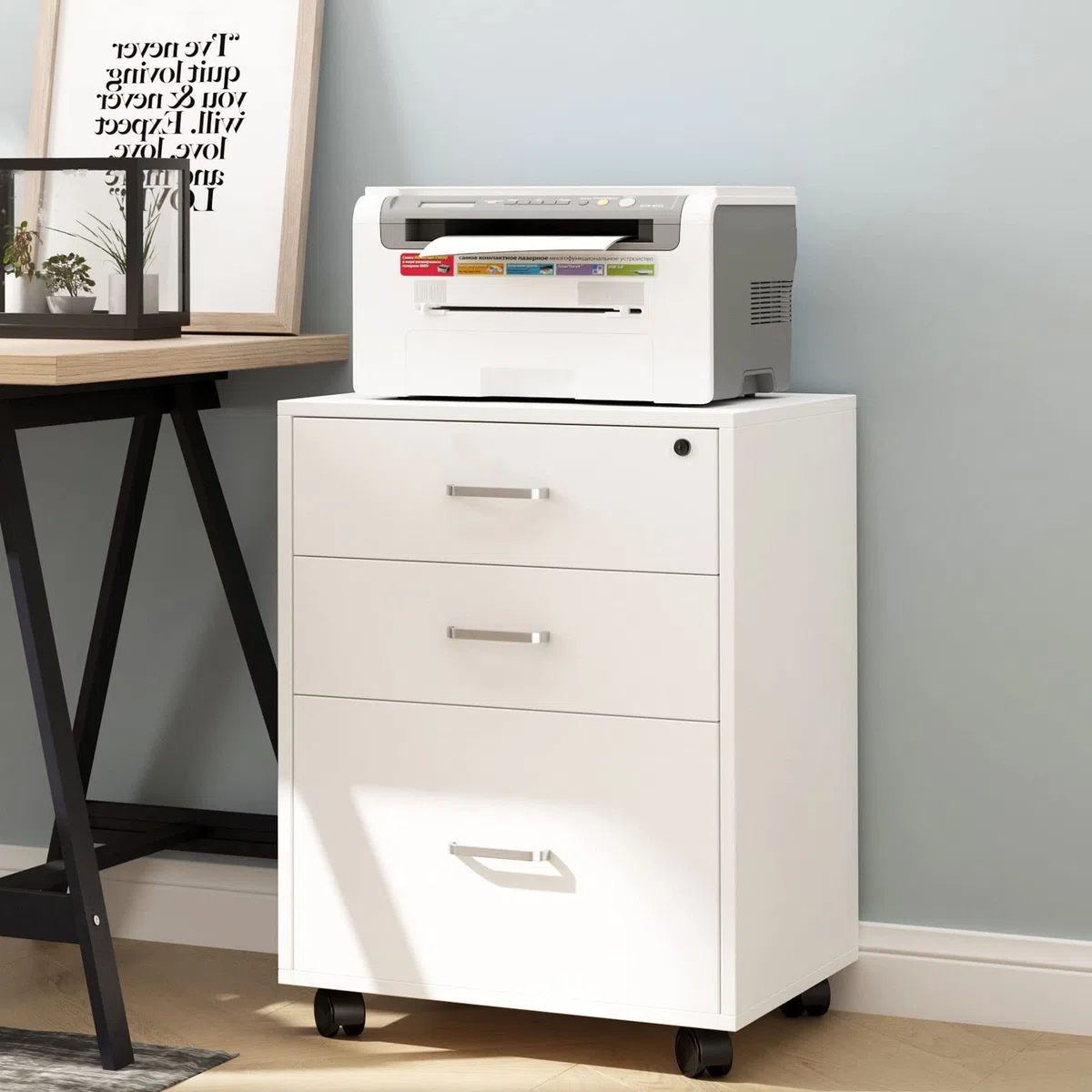 SDHYL Cajonera de Oficina Armario Archivador de Oficina 3 Cajones con Ruedas Cajón Superior con Cerradura Archivador Móvil Gran Espacio de Almacenamiento para Oficinas Hogares Blanco