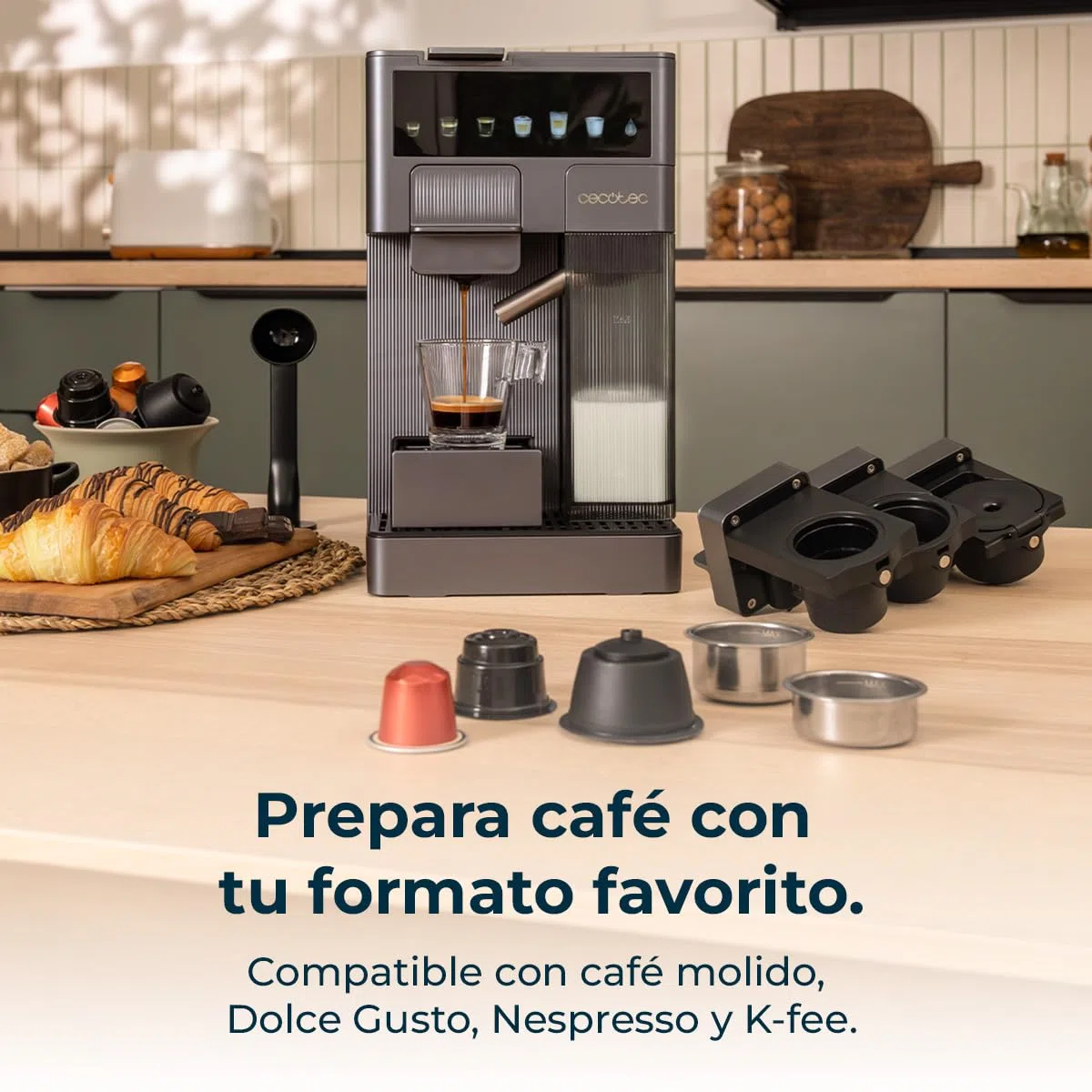 Cecotec Cafetera Cápsulas Express con Tanque de Leche FreeStyle Latte T. 1350W, 20 Bares, Compatible con Café Molido, Dolce Gusto, Nespresso y K-Fee, Depósito 1,6L de Agua y 400ml de Leche
