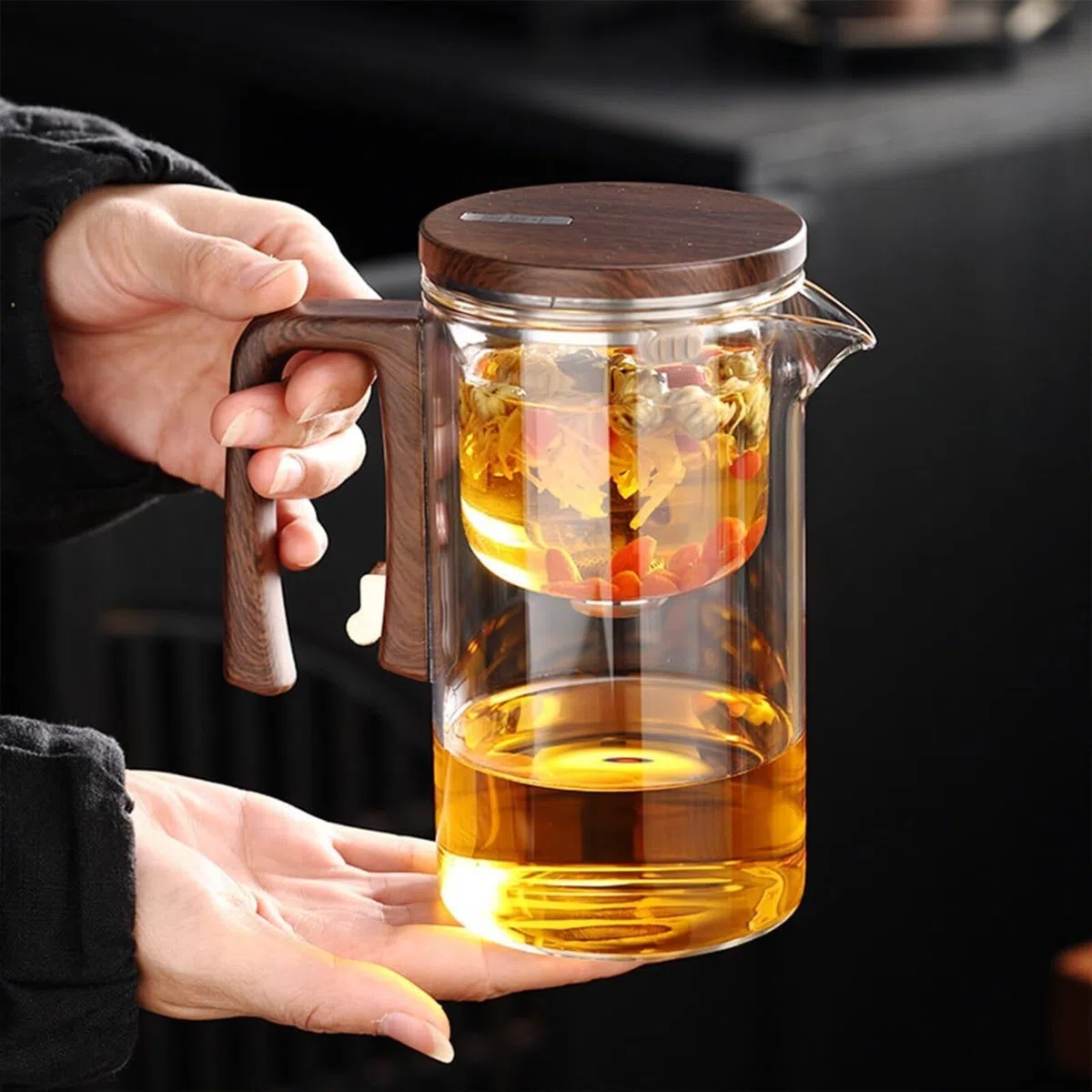 Enchantipot Magic Tea Pote Enchanti Tea Pot, Vaso de Separación de Agua con Mano de Madera, Teapot de Control por Presión para Té Libre, Tejedura de Sazón (520 Transparente)