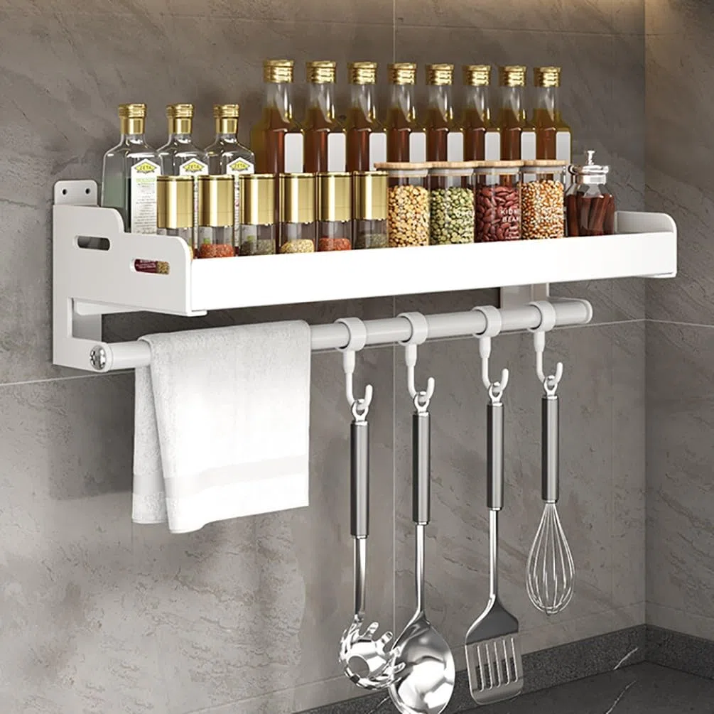 Estante de cocina de acero inoxidable montado en la pared con soporte para rollo y ganchos, organizador de especias sin taladrar para colgar fácilmente especias condimentos y artículos esenciales de