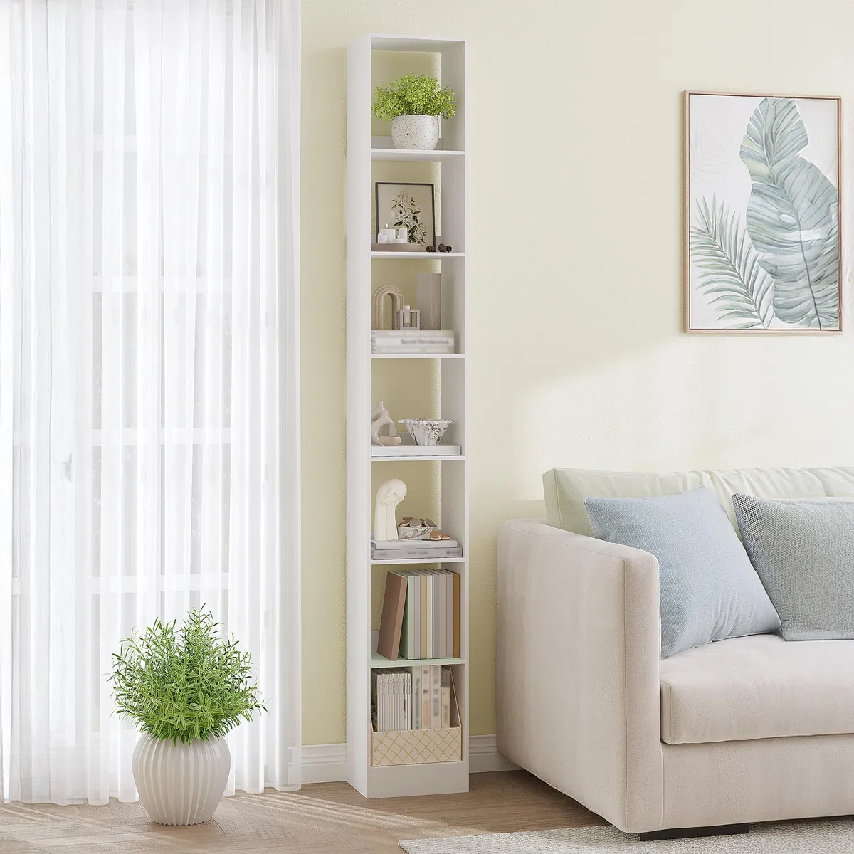 Hzuaneri Librería de 7 Niveles, Estantería Libros, para Salón, Estudio, Oficin, Dormitorio, Estilo Escandinavo, 24 x 30 x 214 cm, Blanco BC79703X
