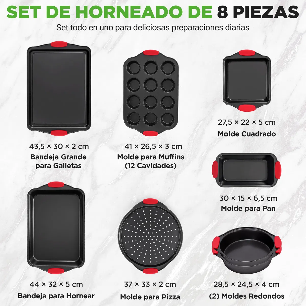 Nutrichef Bandejas Horno, Cocina, Set de 8, Antiadherentes, Mangos de Silicona