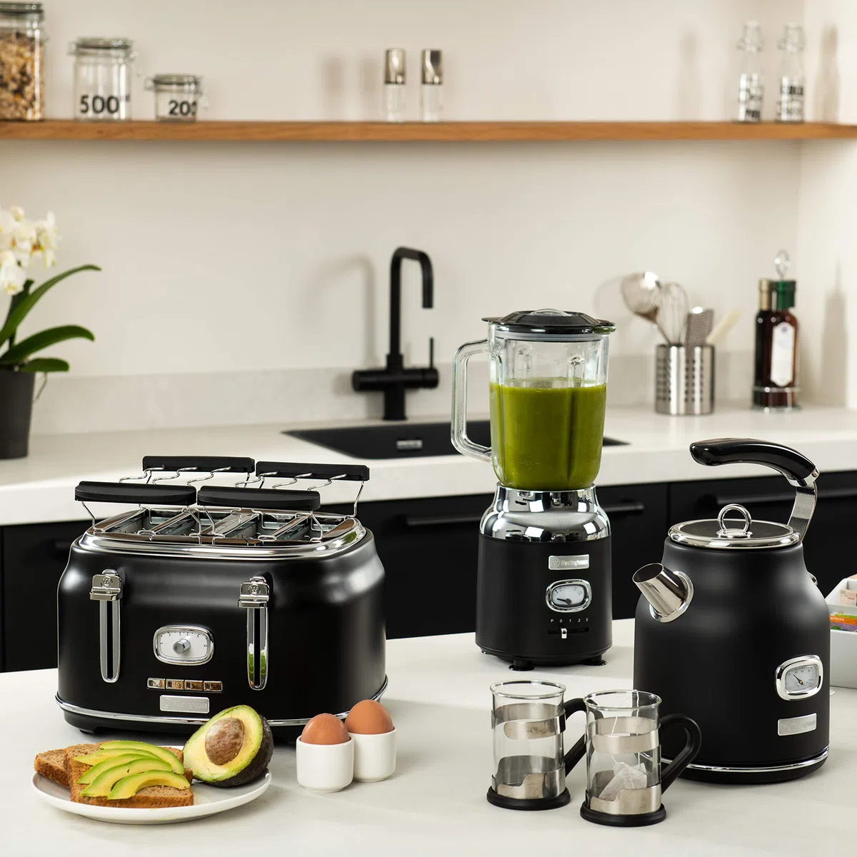 Westinghouse Retroline - Juego de desayuno (tostadora, batidora y hervidor de agua, 1,7 litros, filtro de cal y protección contra sobrecalentamiento, tostadora de cuatro ranuras con accesorio para