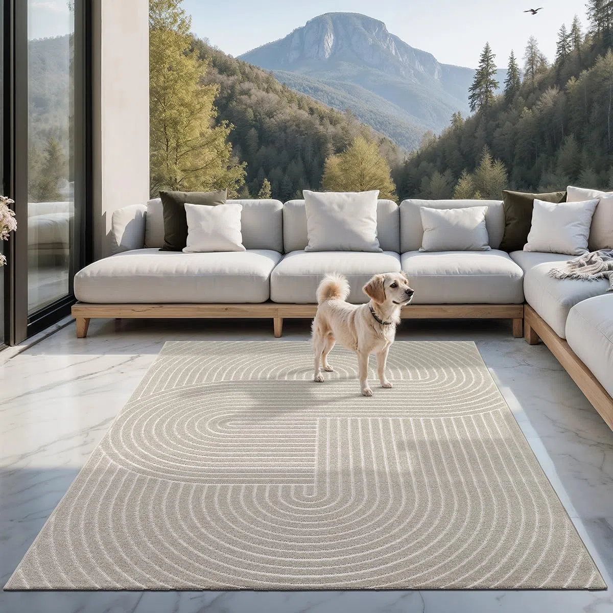the carpet Santo Plus – Alfombra de Exterior, Adecuada para salón, Dormitorio y terraza, Resistente a la Intemperie, Duradera y fácil de Mantener, Beige, 300 x 400 cm